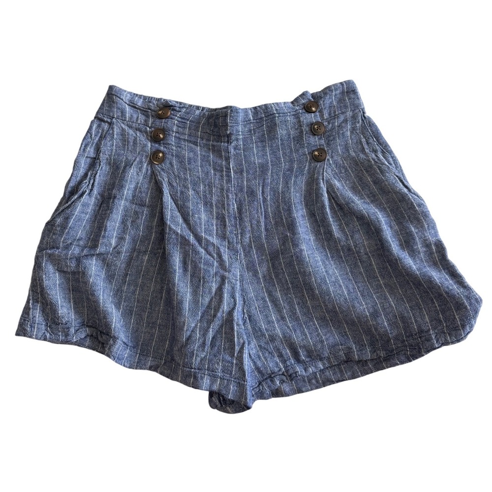 Pull&Bear Pinstripe Shorts Sailor Button High Waisted Coastal Blue Large
